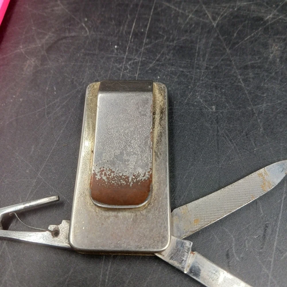 Vintage swiss style Bill Fold/money clip. Scissor, file, knife Japan Steel